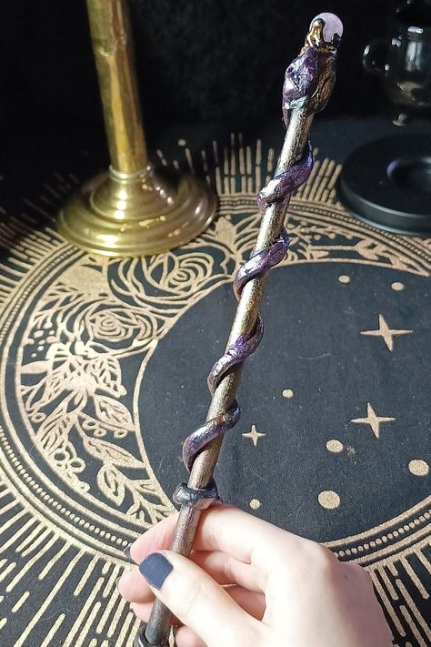 Amethyst Serpent Crystal Wand, Gothic Fantasy, Mystic Sphere Ball, Handmade Gift Her, Mystical, Cosplay, Wicca Witch, Magical, Wizard, Druid by LemuriaCrystal on Etsy Mystical Cosplay, Crystal Wand Diy, Clay Wand, Fantasy Items, Crystal Wands, Wood Core, Diy Wand, Lavender Amethyst, Raw Quartz Crystal