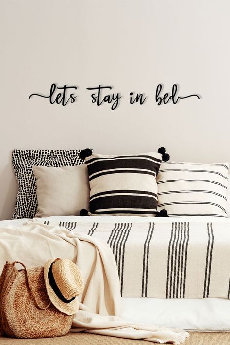 Lets Stay In Bed Wall Art, Lights Above Bed, Wall Decor Cottagecore, Metal Wall Art Bedroom, Bed Quotes, Cozy Bedroom Design, Art Couples, Decor Above Bed, Word Decor