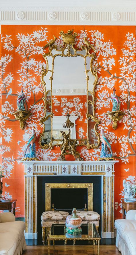 Orange Chinoiserie, Home Updates, Future Room, Traditional Living, Beautiful Spaces, Orange And Pink, Traditional Home, Wallpaper Living Room, Room Style