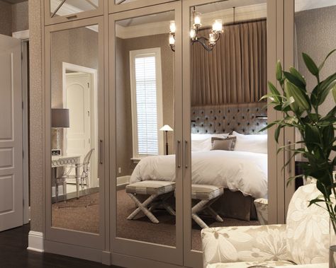 Mirror closet doors in bedroom ~ reflection | Wolfe and Rizor Mirrored Closet Doors, Closet Door Alternative, Mirrored Closet, Mirror Closet, Mirror Closet Doors, Bedroom Cupboards, Transitional Bedroom, Build A Closet, Sliding Closet Doors