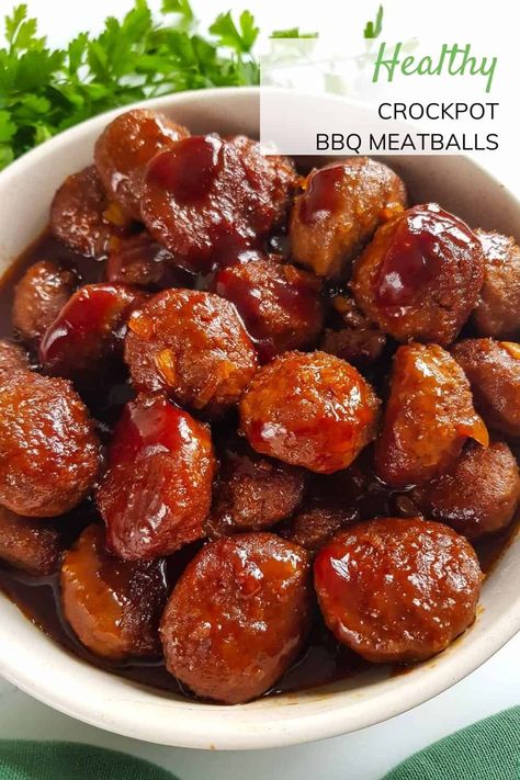 These easy crockpot BBQ meatballs are really easy to make in your slow cooker using frozen meatballs, BBQ sauce and honey! The juicy meatballs are dairy free, and can be made gluten free, egg free and nut free if using appropriate meatballs. Only 4 ingredients are needed for this simple entree, snack or appetizer. Healthy Crock Pot Meatballs, Gluten Free Sauce For Meatballs, Meatballs In Bbq Sauce Crock Pot, Healthy Meatballs Crockpot, Healthy Bbq Meatballs, Frozen Bbq Meatballs Crockpot, Gluten Free Meatballs Crockpot, Crockpot Bbq Meatballs Frozen, Frozen Meatball Recipes Easy Sauces