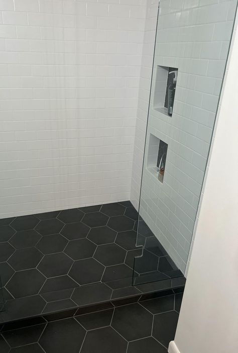 Black Hexagon Bathroom, Black Hexagon Tile Bathroom Floor, Black Hexagon Tile Bathroom, Hexagon Shower Floor, Tile Shower Walls, Black Tile Bathroom Floor, Hexagon Tile Bathroom Floor, Black Bathroom Floor, Tile Bathroom Floor