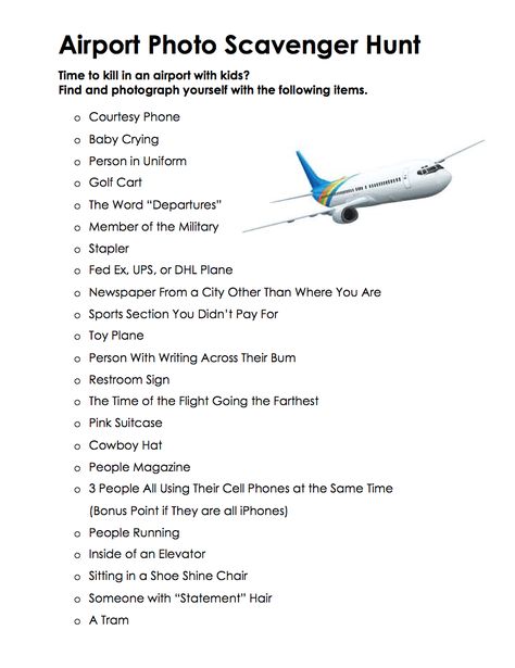 Airport Photo Scavenger Hunt Hawaii Scavenger Hunt, Airport Scavenger Hunt For Kids, Las Vegas Scavenger Hunt List, Airport Humor, Airport Scavenger Hunt, Vacation Scavenger Hunt, Plane Activities, Plane Ideas, Scavenger Hunt List
