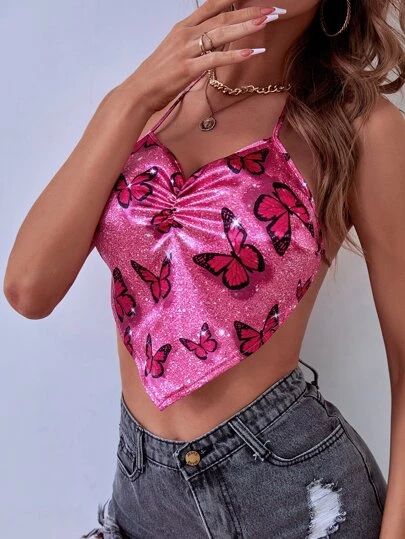 Lace Up Backless Butterfly Embroidered Cami Top | SHEIN USA Embroidered Cami Top, Satin Skirt Outfit, Womens Halter Tops, Satin Skirt, Girls Party Dress, Pink Butterfly, Beautiful Gowns, Butterfly Print, Women Tops