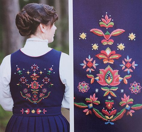 Traditional embroidery on Norwegian bunad Norwegian Folk Embroidery, Norwegian Bunad Embroidery, Norwegian Embroidery Patterns, Traditional Norwegian Clothing, Norway Embroidery, Bunad Embroidery, Norwegian Embroidery, Norwegian Dress, Folk Outfit