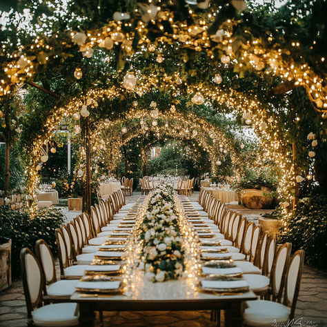 Transform your wedding day into a fairytale with this magical outdoor garden reception! Under a stunning archway adorned with twinkling lights and lush greenery, this long banquet-style table is perfect for an unforgettable evening. The soft, romantic lighting and elegant florals create the perfect intimate atmosphere for a dream wedding celebration. Save this pin for elegant garden wedding inspiration! #GardenWedding #TwinkleLightsWedding #OutdoorWedding #WeddingDecorInspo #MagicalWedding Outdoor Wedding Elegant, Whimsical Classy Wedding, Magical Backyard Wedding, Wedding With Lots Of Lights, 40 People Wedding, Garden Wedding Set Up, Magical Wedding Reception, Classy Fairytale Wedding, Fairy Lights Wedding Indoor