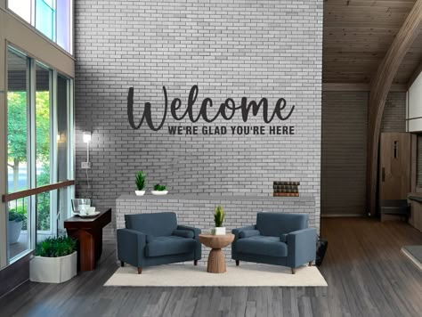 Church Foyer Decorating Ideas, Small Church Foyer Ideas Entryway, Small Church Lobby Design, Welcome Center Church Ideas, Office Lobby Design Waiting Area, Church Office Design, Church Lobby Design Foyers, Lobby Decoration Ideas, Foyer Seating Ideas