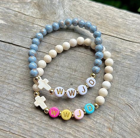 WWJD? Do you ever need a reminder to stop and think, "what would Jesus do"? This bracelet would be perfect for you! Wear it as a reminder to yourself. When you look down and see the bracelet, pause and think, WWJD?  These bracelets are made with glass, Riverstone, and a Turquoise Gemstone cross bead. All gold beads are 14k non-tarnish beads.  {Sizing} This bracelet comes in any size, child or adult! Please see the wrist measurement directions in the item images, to get your perfect size!  {Style Beaded Bracelets Jesus, Faith Bracelet Diy, Wwjd Bracelet Clay Beads, Cross Beaded Bracelet, Jesus Bracelet Ideas, Christian Bracelets Diy, Bracelet Ideas Glass Beads, Christian Bracelet Ideas, Christian Beaded Bracelets