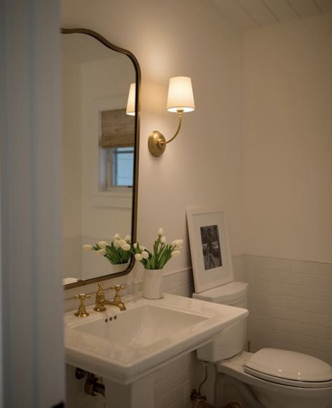 The California Rancher, Nancy Meyers Powder Room, French Country Apartment Decorating, Nancy Myers Bathroom, Nancy Meyers Bathroom Aesthetic, Nancy Meyers Bathroom, Art In Bathroom, California Rancher, Sconces In Bathroom