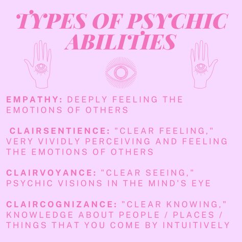 from TYPES OF PSYCHIC ABILITIES (YOU MIGHT BE PSYCHIC!) on California Witchcraft Psychic Abilities Witchcraft, Types Of Psychic Abilities, Different Types Of Psychic Abilities, Psychics And Mediums, Psychic Medium Aesthetic, Types Of Clairvoyance, How To Become A Psychic Medium, Clairvoyant Psychic Abilities, Psychic Mediums Development