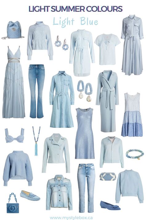 Powder Blue Outfits For Women, Summer Light Cool Outfit, Colors That Go With Light Blue Outfits, Light Summer Style Outfit, Light Summer Outfits Color Palettes, Light Summer Capsule Wardrobe, Summer Palette Outfits, Light Summer Color Palette Outfits, Light Summer Wardrobe