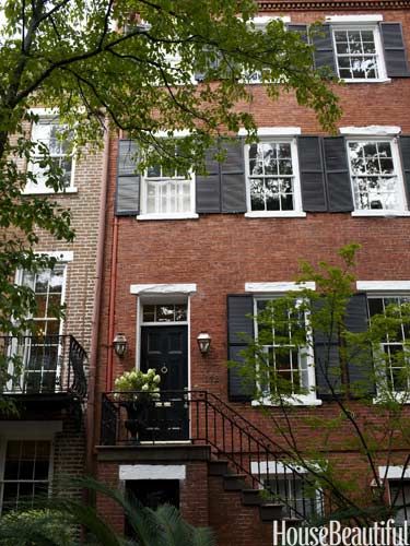 Arch Windows, Row Home, Black Shutters, Row Houses, Revival Architecture, Seaside Style, Home Painting, Brick Exterior House, Southern Homes