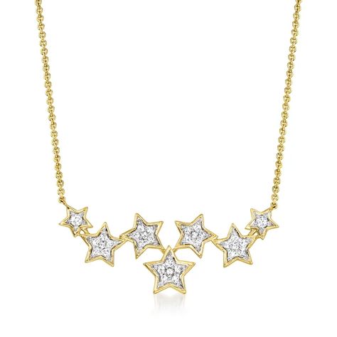 .21 ct. t.w. Diamond Multi-Star Necklace in 14kt Yellow Gold. 18" | Ross-Simons Fame Outfits, Diamond Star Earrings, Gold Star Pendant, Shoot For The Stars, Star Theme, Moon Fashion, Starburst Necklace, Detailed Necklace, Diamond Birthstone