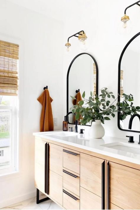 arched mirror wall mirror bathroom mirror Arch Mirror Bathroom, Black Arch Mirror, Modern Boho Bathroom, Mid Century Modern Bathroom, Vanity Ideas, Arched Mirror, Mirror Design Wall, Bathroom Counters, Arch Mirror