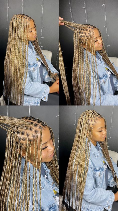 Protective Hairstyles Braids Blonde, Blond Knotless Braids With Curly Ends, Blonde Highlights Braids Black Women, Dark Blonde Knotless Braids, Small Box Braids Blonde, Blonde Small Knotless Box Braids, All Blonde Knotless Braids, 27 Knotless Braids Color, Honey Blonde Hair Box Braids