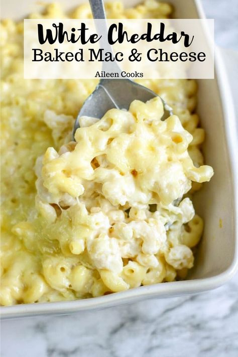 This decadent baked white cheddar mac and cheese is the perfect grown-up macaroni and cheese. It's loaded with white cheddar, gruyere, and cream cheese and baked to perfection. White Mac And Cheese Baked, White Cheddar Baked Mac And Cheese, Baked White Cheddar Mac And Cheese, Oven Baked Mac And Cheese, Cheddar Mac And Cheese Recipe, White Cheddar Mac And Cheese, White Mac And Cheese, Sausage Cornbread Stuffing, Seafood Mac And Cheese