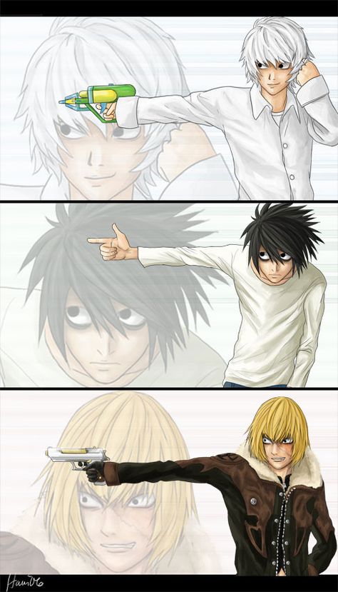 I love the difference between the three of them. It is fantastic to see all the different habits and quirks that Mello and Near picked up from L. Nate River, L Wallpaper, L Lawliet, Memes Anime, Anime Meme, Fanarts Anime, 가을 패션, Tokyo Ghoul, Anime Shows