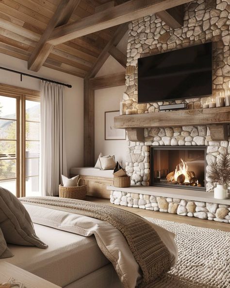 42 Bedroom Fireplace Decor with TV Ideas - Home Soils Valcourt Fireplace, Tv Above Wood Burning Stove, Stone Wall Fireplace With Tv, Rustic Electric Fireplace Ideas, Bedroom With Fireplace Master, Stone Fireplace With Tv, Fireplace With Wood Storage, Fireplace Dresser, Fireplace Decor With Tv