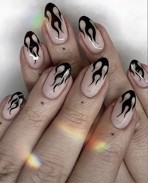 French Tip Fire Nails, Black Flame Nails Square, Ghost Flame Nails, French Tip With Fire Design, Black Flame Nails Coffin, Chrome Flames Nails, Black And Silver Flame Nails, Flame Art Nails, Black Fire Nails Designs