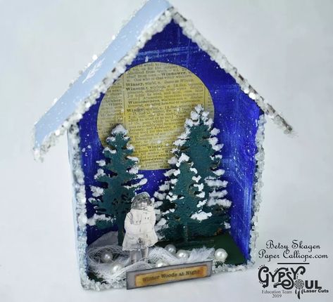 Mixed media winter house - Betsy Skagen Silent Night Christmas Card, Upcycled Christmas, Christmas Diorama, Reindeer Card, Christmas Shadow Boxes, Artificial Foliage, Putz Houses, Miniature Christmas, Bottle Brush