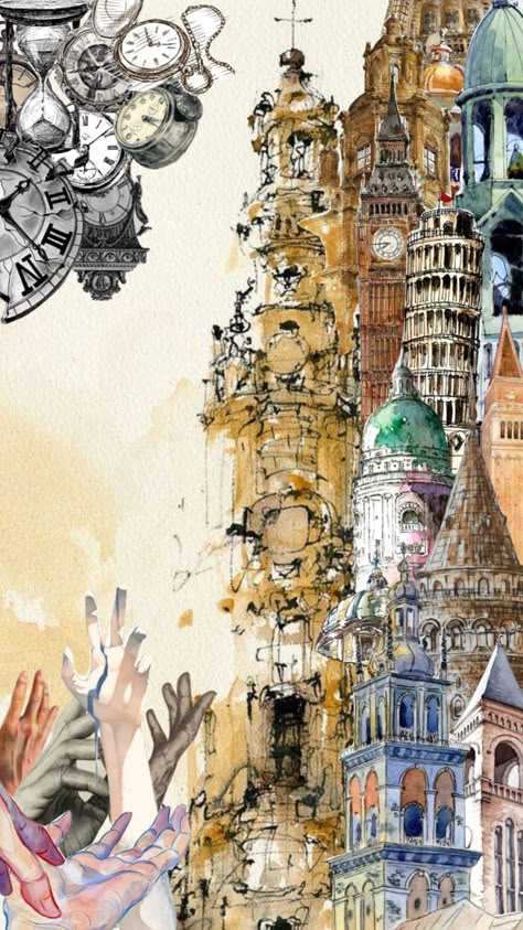 The tops of towers #collage #collageart #watercolor #tower #architecture #hands #drawing #clock #clocks #jumble #jumblecollage Collage Making Ideas For School, Mixed Media Buildings, Clock Tower Drawing, Architecture Collage Concept, Collage Of Buildings Art, Clock Tower Sketch, Clock Tower Painting, Building Collage, Drawing Clock