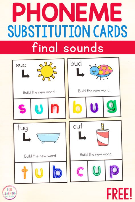 Substitute Phonemes Activities, End Sounds Activities, Sound Substitution Activities, Ending Sounds Activities, Phoneme Substitution Activities, Phoneme Substitution, Kinder Literacy Centers, Prek Reading, Ela Stations