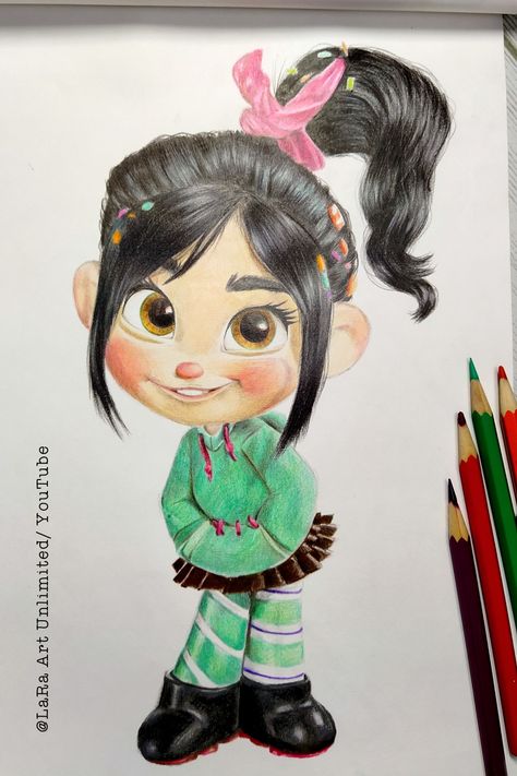 It's a cold pencil drawing of Vanellope von schweetz from the movie wreck it Ralph #vanellopevonschweetz #wreckitralph #ralphbreakstheinternet Venelope Von Schweetz Drawing, Christmas Cartoon Drawings Disney Characters, Penelope Drawing, Disney Princess Drawings Pencil, Drawings From Movies, Disney Characters Drawings Colored, Wreck It Ralph Drawing, Vanellope Von Schweetz Drawing, Disney Cartoon Characters Drawing