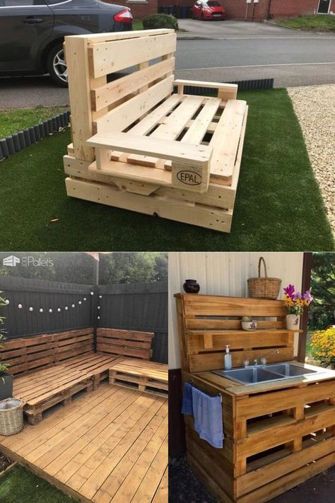 How I made a simple yet effective pallet corner sofa out of 9 Euro pallets for my garden. Euro Pallets, 1001 Pallets, Pallets Garden, Hardware Store, Backyard Decor, Corner Sofa, Coffee Table, Sofa