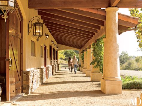 David L. Leavengood Turns a California Horse Ranch Into a Spanish Colonial-Style Residence Photos | Architectural Digest Equestrian Stables, Stable Ideas, Horse Barn Designs, Dream Horse Barns, Horse Facility, Rustic Exterior, Stables Design, Barn Plans, Casas Coloniales