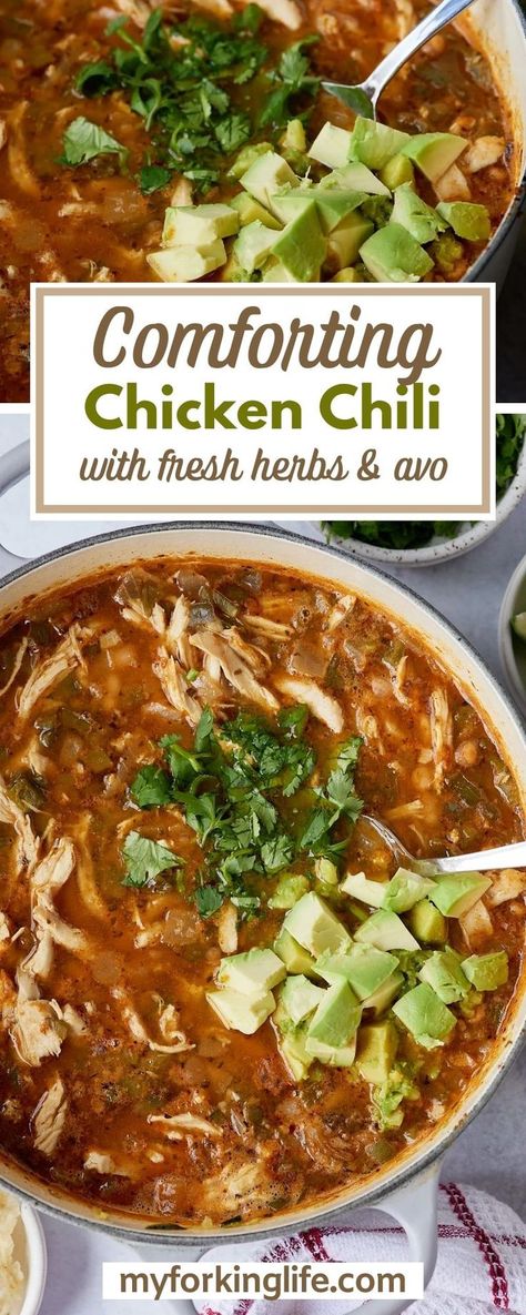 It’s gotten a little chilly outside so it’s time for all things chili. This chicken chili is next level in flavor! It's made with fresh peppers and onions and a delicious spice combination, it’s a dish your whole family will love. It's easily made on the stovetop and it's easy to use leftover shredded chicken breast. It’s ready from start to finish in less than 40 minutes. Chicken Tortilla Chili, Shredded Chicken Chili Recipe, Garlic Chili Chicken, Rotisserie Chicken Chili Recipes, Chicken Chile Recipes, Chicken Chilli Recipes Easy, Chicken Thigh Chili, Chicken Chicken Chili, Chicken Breast Chili