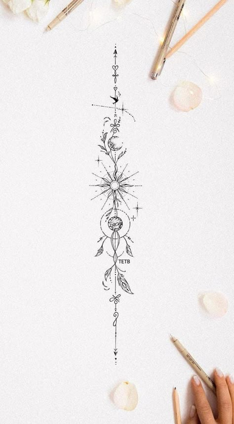 Season Symbols Tattoo, Star Side Tattoos Women, Back Tattoo Women Spine Sun And Moon, Spine Tattoos For Bigger Women, Cool Spinal Tattoo, Spinal Scar Tattoo Cover Up, Sixty Paragraphs Tattoo, Tattoo Design Drawings Spine, Geometric Tattoo Spine