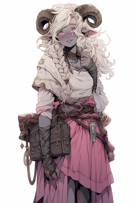 Sheep Satyr Character Design, Satyr Oc Female, Dnd Satyr Female, Teifling Dnd Art, Satyr Woman, Pink Tiefling Female, Dnd Character Design Inspiration, Teifling Character Design, Satyr Female