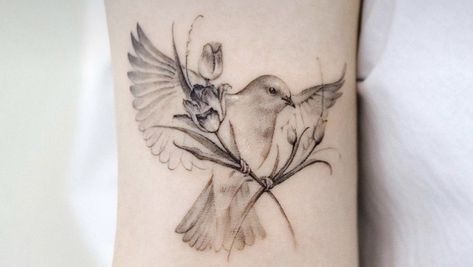 Tiny Dove Tattoos For Women, Bird And Flower Tattoos For Women, Bird Carrying Flower Tattoo, Dove With Flowers Tattoo, Feminine Bird Tattoos, Fine Line Dove Tattoo, Freedom Bird Tattoo, Bird Flower Tattoo, Floral Bird Tattoo