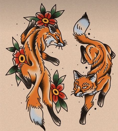 Trad Fox Tattoo, Traditional Symmetrical Tattoo, Old School Fox Tattoo, Fox Flash Tattoo, American Traditional Fox Tattoo, Fox And Rabbit Tattoo, Traditional Raccoon Tattoo, Fox And Flowers Tattoo, Tattoo Flash Art Traditional