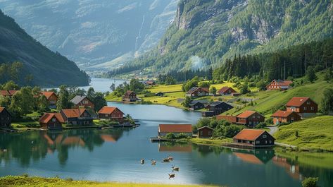 Idyllic Lakeside Village: A serene lakeside village nestled between lush green hills under a clear sky, reflecting in calm waters. #village #lake #green #hills #serene #aiart #aiphoto #stockcake ⬇️ Download and 📝 Prompt 👉 https://stockcake.com/i/idyllic-lakeside-village_964854_857383 Lakeside Village, Valley Flowers, Calm Waters, Blue Boat, Green Hills, Mountain Village, Clear Sky, Calm Water, Stone Houses