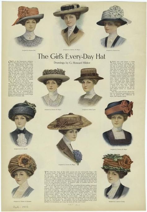 Hats were a key component to women's fashion during the gilded age. They were commonly worn everyday and most women didn't leave the house without one. Edwardian Hat, Ladies Hats, 1910s Fashion, Victorian Hats, Home Journal, Antique Hats, 20th Century Fashion, Hat Print, Retro Mode