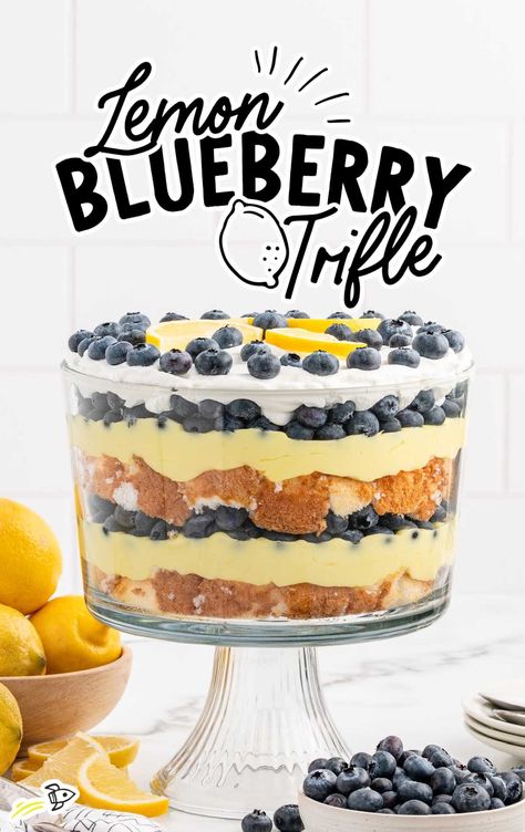 a jar of Lemon Blueberry Trifle Blueberry Lemon Trifle Desserts, Blueberry Trifle Desserts, Blueberry Trifle Recipe, Lemon Blueberry Trifle, Lemon Trifle, Oreo Trifle, Blueberry Trifle, Trifle Recipes Easy, Easy Trifle