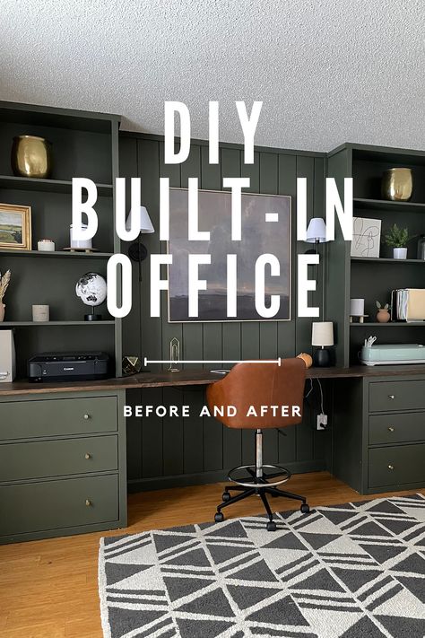 Simple Office Built Ins, Built In Workstation, Modern Office Shelving, Office Bookshelves Built In, Desk With Built Ins, Standing Desk Built In, Office With Built In Bookshelves, Built In Office Desk And Cabinets, Home Office Built Ins With Desk