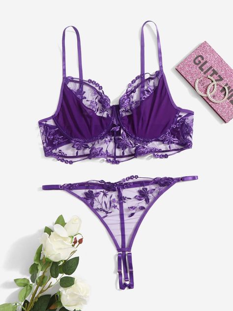 Purple Fantasy   Polyester Floral  Embellished Medium Stretch  Women Plus Intimates Bra Art, Lace Babydoll, Plus Size Bra, Bra Panty, Bra And Panty Sets, Lingerie Set, Floral Embroidery, Lingerie, Mesh