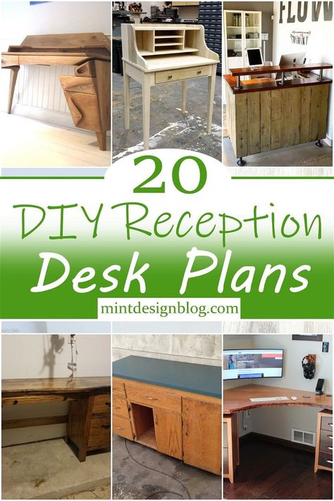 How To Build A Reception Desk, Check In Counter Design, Diy Reception Desk, Reception Desk Plans, Reception Desk Diy, L Shaped Desk Plans, Corner Reception Desk, Office Reception Desks, Lobby Desks