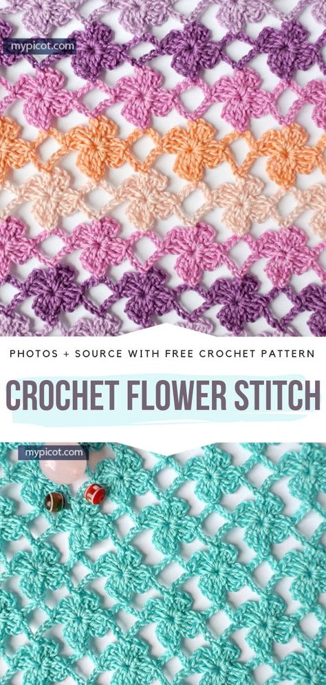 Crochet Flower Stitch Free Pattern #crochetstitch Crochet Lace Stitches, Crochet Flower Stitch, Picot Crochet, Flower Stitch, Crochet Scarf Pattern Free, Crochet Stitches Free, Crochet Lace Pattern, Haken Baby, Crochet Stitches Tutorial