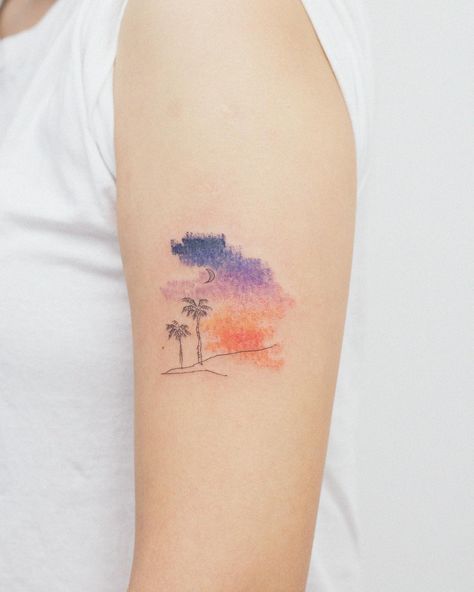 Sunset Tattoo Color, Wave Tattoo Wrist, Soft Tattoo, Sunset Tattoo, Tattoos To Cover Scars, Sunset Tattoos, Band Tattoo Designs, Galaxy Tattoo, Small Pretty Tattoos