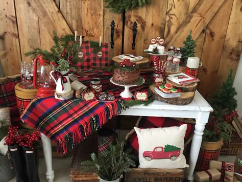 Plaid dessert table from a Vintage Rustic Plaid Christmas Party on Kara's Party Ideas | KarasPartyIdeas.com (11) Plaid Christmas Party, Christmas Dessert Table, Christmas Buffet, Plaid Party, Plaid Christmas Decor, Christmas Table Centerpieces, Hot Chocolate Bar, Tartan Christmas, Cocoa Bar