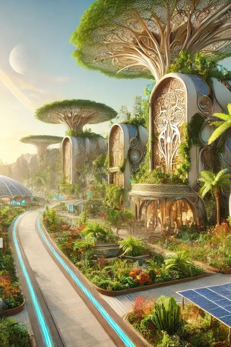 A solarpunk utopia where futuristic technology and art nouveau design coexist in a lush exo-planetary jungle. Discover the balance between innovation and nature. Downloads Available @ https://slaacr.com Utopian City Architecture, Places Background, Janaki Mandir, Ville Cyberpunk, Architecture Art Nouveau, Nature And Technology, Nouveau Architecture, Eco City, Jungle Art