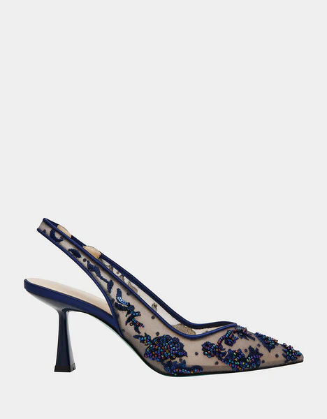 BETSEY JOHNSON $119.00 - Step out in style with the NIKKI sling back heels! Featuring a chic pointed toe and embroidered detailing, these shoes are perfect for adding a touch of elegance to any outfit. Note: George Gianulias may receive compensation from this pin or from tagged pins. Black Slingback Heels, Black Lace Heels, Navy Blue Heels, Betsey Johnson Clothes, Sling Back Heels, Betsey Johnson Shoes, Lace Heels, Slingback Heels, Blue Heels