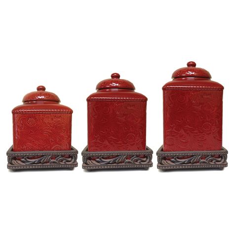 HiEnd Accents Savannah Canister - Set of 3 3 Piece Kitchen Canister Set, Ceramic Canister Set, Leather Tooling Patterns, Kitchen Canister Set, Ceramic Dinnerware Set, Ceramic Canister, Storage Canisters, Floral Damask, Ceramic Dinnerware