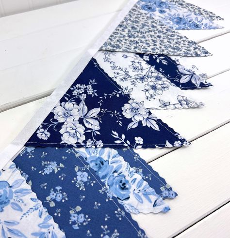 Shower Coquette, Aesthetic Blue And White, Blue Garden Party, Dorm Room Decorating Ideas, Blue Bunting, Dorm Room Decorating, Flag Garland, Fabric Garland, Coastal Theme