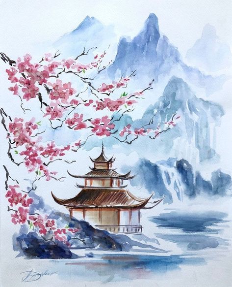 Japan Painting Easy, Japanese Garden Drawing, Drawing Scenery, Painting Flowers Tutorial, Watercolor Art Journal, Japan Painting, Print Design Art, Japanese Landscape, Landscape Art Painting