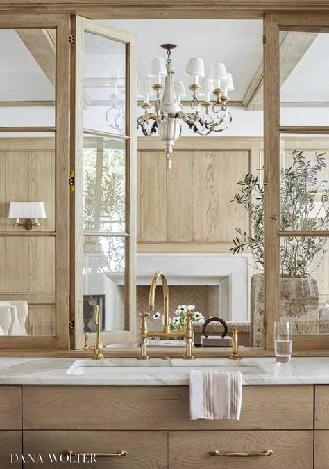 Modern Grace – Dana Wolter Interiors Unlacquered Brass Hardware, White Oak Kitchen, Leaded Glass Door, Interior Window, Oak Kitchen Cabinets, Luxe Interiors, Fabric Houses, French Country Style, Custom Cabinetry