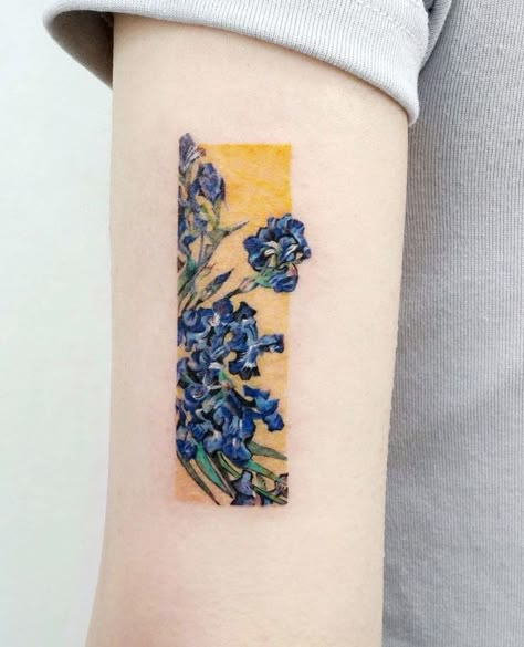 Tattoo Art Painting, Pantone Tattoo, Iris Flower Tattoo, Van Gogh Tattoo, Lilac Tattoo, Art Inspired Tattoos, Daffodil Tattoo, Iris Tattoo, Framed Tattoo